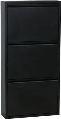 A black metal shoe cabinet with three flip-down doors.