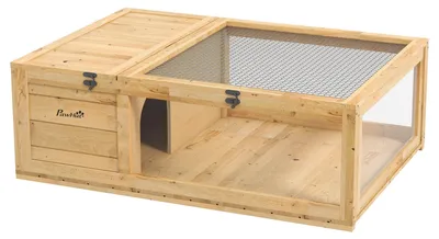 Imagen del producto de Casa para tortugas de madera, con área de paseo y techo abatible. Color: Marrón | Dimensiones: 91 x 60,5 x 32 cm