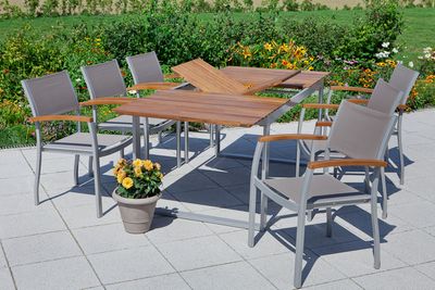 Merxx 7tlg. Naxos Set - 6 Stapelsessel, 1 Ausziehtisch - Farbe: silber/ braun -  Maße: Sessel: 59x59x85 Tisch: 150/200 x90x74 cm; 6x 22000-309 + 1x 22004-219