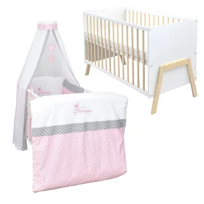 Produktbild von Babybett Kinderbett Gitterbett Juna 60x120 Weiß Schutzgitter Matratze Bettwäsche Set 10tlg Princess Stars
