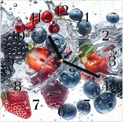 Produktbild von Wanduhr aus Glas mit Motiv Beeren im Wasser- 30 x 30 cm - inkl. Aufhängesystem