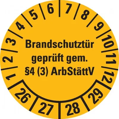 Produktbild von Dreifke® Prüfplakette Brandschutztür 26-29, gelb, Dokumentenfolie, Ø 30mm, 18...
