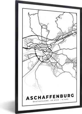 Produktbild von MuchoWow® Gerahmtes Poster Afschaffenburg - Stadtplan - Karte 60x90 cm - Poster mit Schwarzem Bilderrahmen Wandposter Rahmen Foto Bilder - Kunst