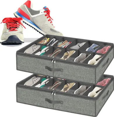 Produktbild von 2x Schowek pod łóżkiem, Schowek pod łóżkiem z pokrywą, Mieści 12 par, Organizer na buty oszczędzający miejsce, Organizer na buty do przechowywania w szafie