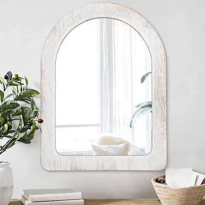 Immagine prodotto di Specchio da parete, specchio ad arco, 65x45 cm, cornice in legno, bianco, stile rustico