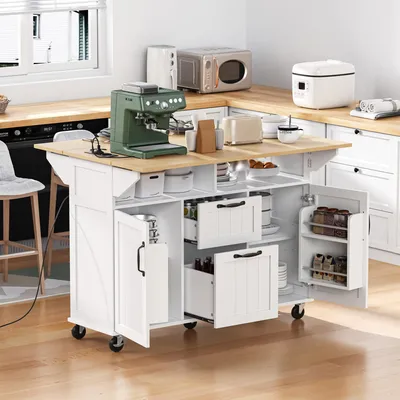 Image de Merax Chariot de service îlot de cuisine sur roulettes, Chariot de cuisine mobile avec 2 plans de travail extensibles, portes, compartiments ouverts, tiroirs, armoire de cuisine blanc