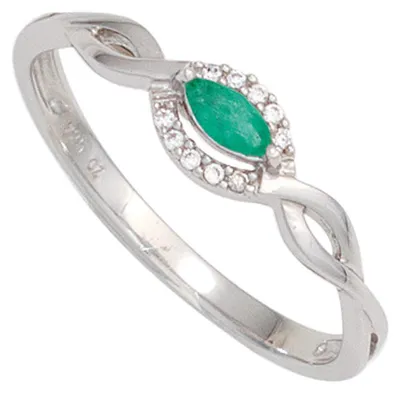 Produktbild von Ring Damenring aus 375 Gold Weißgold mit Smaragd grün & 10 Diamanten 0,04 Ct. Innenumfang 52mm  Ø16.6mm