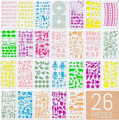Produktbild von int!rend 26 Schriften Schablonen Set, Buchstaben und Zahlen, Stilrichtungen - Modern, Vintage, Comics und andere - für Bullet Journal, Scrapbooking, Hochzeit, DIY, Malerei, Zeichnen, Bastelzubehör