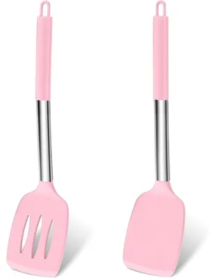 Produktbild von Pfannenwender Silikon mit Edelstahlgriff 2er Set Hitzebeständig Geschlitzt Rosa