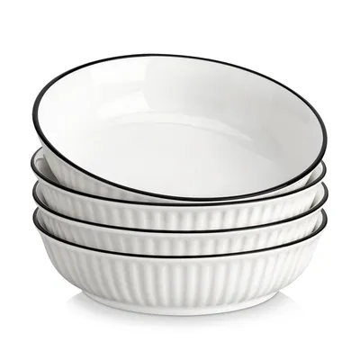 Image de MALACASA : Assiettes en porcelaine, ensemble de 4 pièces comprenant : assiettes à soupe avec bordure noire, bols pour ramen, saladiers et bols polyvalents