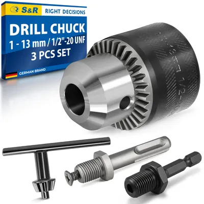 Produktbild von S&R Zahnkranzbohrfutter 1,5-13 mm, 1/2-20UNF, hochwertiges Vollmetall Bohrfutter mit SDS-plus Adapter, Zubehör für Bohrhämmer, Schlagbohrmaschinen, Bohrmaschinen, Zahnkranz Futter Bohren Spannen