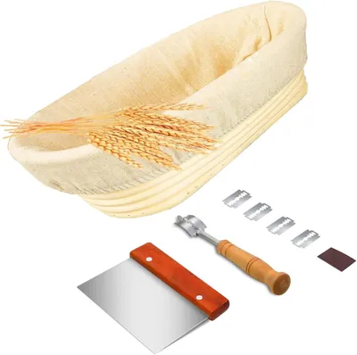 Produktbild von Banneton Gärkorb Oval 28 cm, Natur-Rattan, Mit Stoffeinlage, Aufbewahrungstasche, Teigschaber, für Brot