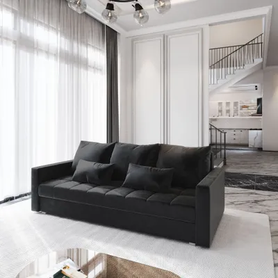 Produktbild von Sofa SIRO Schwarz Plüsch-Stoff mit Schlaffunktion, Sofa mit Bettkasten, Sofa mit Bettkasten, Wohnzimmersofa, Couch, Soffa, Bettsofa, Couchgarnitur- Schwarz, KRONOS 07