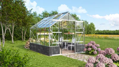 Produktbild von Vitavia Gewächshaus "Cassandra 8300" aluminium eloxiert 8,3 m² mit Sockelmauer in basalt, 3 mm ESG