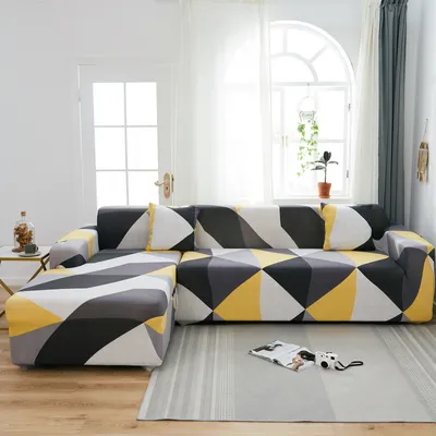 Produktbild von Sofa Überwürfe Sofabezug L Form Elastische, Stretch Sofaüberwurf Antirutsch 2er Set 3 Sitzer + 3 Sitzer Sofahusse Sofa Bezug für L-Form Sofa mit 4 Stücke Kissenbezug (Gelb Grau Geometrie)