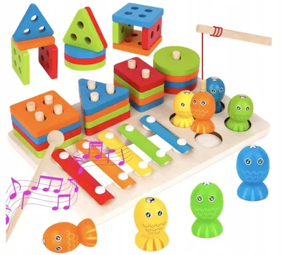 Zdjęcie produktu dla Drewniana Zabawka Montessori 3w1 od 1 roku Ksylofon Układanka Wędka