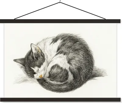 Produktbild von MuchoWow® Textilposter Schlafende Katze zusammengerollt - Gemälde von Jean Bernard 120x80 cm mit schwarzem Rahmen - Wanddeko