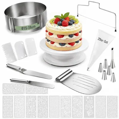 Produktbild von 29-teiliges Torten-Deko-Set mit verstellbarem Tortenring (8,5 cm hoch) und Tortenheber aus Edelstahl