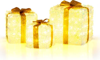 Three illuminated gift boxes with gold ribbons and bows, displayed on a white surface with a yellow glow underneath.