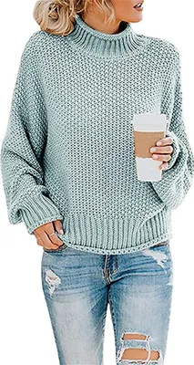 Produktbild von ASKSA Damen Strickpullover Einfarbig Rollkragenpullover Pullover Pulli Knit Sweatshirt, Hellblau, M