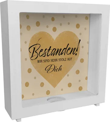 Produktbild von Bestanden Rahmen Spardose aus Holz mit Spruch Wir sind sehr stolz auf Dich
