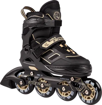 A black and beige inline skate is shown against a white background.