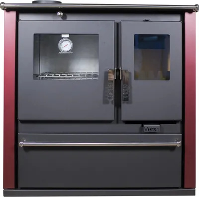 A front view of a wood-burning stove with a glass oven door and a thermometer inside.