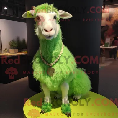 Productafbeelding van Mascottekarakter REDBROKOLY van een limoengroene angorageit gekleed met een mini-jurk en kettingen