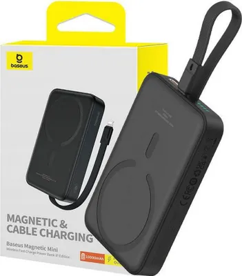 Produktbild von Baseus Magnetic Mini MagSafe 10000 mAh 20 W Powerbank mit integriertem iPhone Kabel + Kabel 0,3 m 60W Schwarz