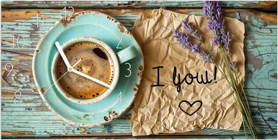 Produktbild von Wanduhr aus Glas mit Motiv Tasse und Lavendel- 60 x 30 cm - inkl. Aufhängesystem