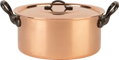 A copper pot with black handles and a lid, shown from the front on a white background.