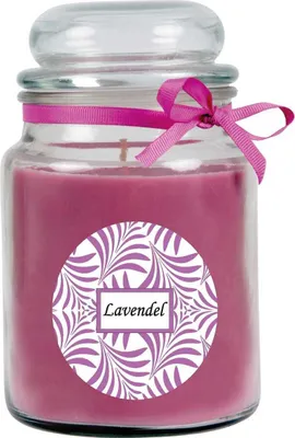 Obrázek produktu pro Vonná svíčka s nápisem "Lavender" ve skleničce na bonbóny, 500 g vosku - doba hoření cca 110 hodin, svíčka ve skleničce v dárkovém balení