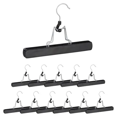 Zdjęcie produktu dla Relaxdays – wieszaki na spodnie z drewna, 12 sztuk, haczyk obracający się o 360°, filcowa osłona, wymiary 17 x 25 x 2,3 cm, wieszaki na spodnie, kolor czarny