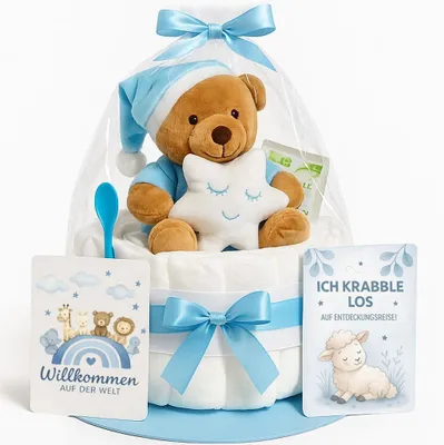 Produktbild von Baby Windeltorte Junge in Blau, Handgemachtes Geschenk zur Geburt mit Kuscheltier und Überraschungen