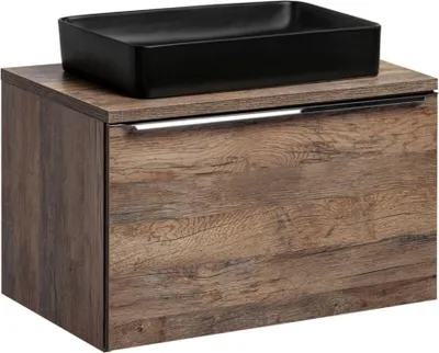 Image de Ensemble de salle de bain VANTA chêne : meuble sous vasque 80cm + plan vasque + 1 vasque noire à poser