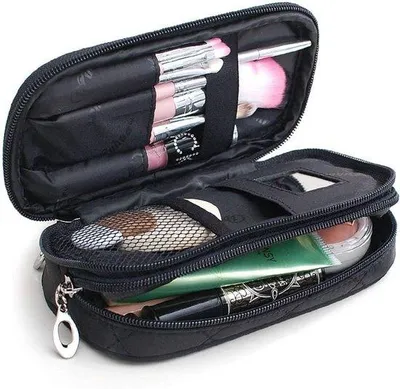 Produktbild von Reisbeutel für Damen, Reiseorganizer mit 2 Kompartmenten, Kosmetikkoffer für Schmuck/Lippenstift/Oogschaduwbürste (schwarz)