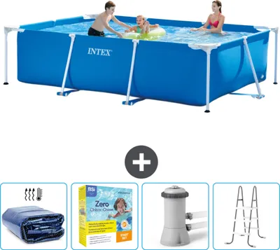 Immagine prodotto di Piscina Intex con struttura rettangolare - 300 x 200 x 75 cm - blu - include tenda da sole - pacchetto manutenzione - pompa filtro per piscina - scaletta