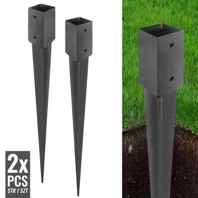 Two black metal post anchors are shown on a white background, with a close-up of one anchor in the ground on the right.