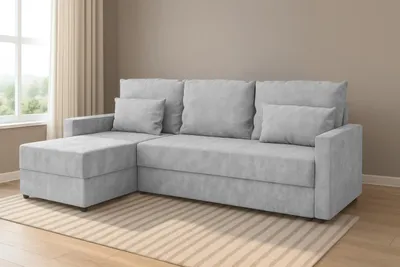 Zdjęcie produktu dla Narożnik KUBO L z funkcją spania 120x200, pojemnik na pościel, uniwersalny L/P, Kronos Paros 05 jasny szary, 226 cm