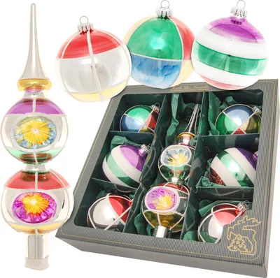Produktbild von Krebs Glas Lauscha Glaskugeln im Retro-Style - 7 teiliges Set - in schicken Retro-Farben - mit Baumspitze - 21242