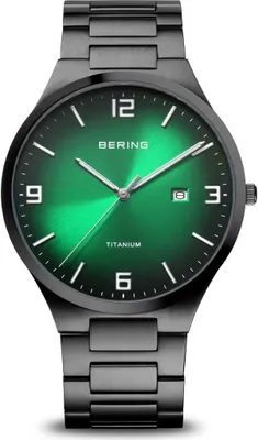 A close-up studio shot of a Bering men's watch with a green dial and black titanium band.