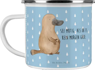 Produktbild von Mr. & Mrs. Panda Emaille Tasse Schnabeltier Mut - Blau Pastell - Geschenk, Neustart, Motivation, Büro, Teetasse, Pott, Arbeit, Meer, Weltreise, Blechtasse, Haferl