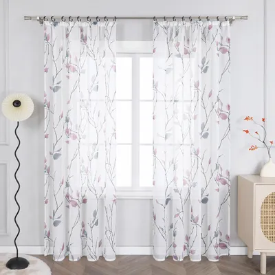 Produktbild von Joyswahl Modern Gardinen Schlafzimmer Wohnzimmer Voile Vorhänge Gardinenschal Mit Kräuselband Blattmuster Transparent Lila HxB 145x140cm 1 Stück