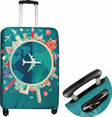 A suitcase cover with a travel-themed design is shown, with a close-up of the handle mechanism on the right.