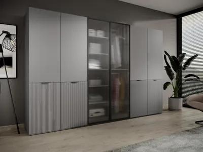 Produktbild von Schlafzimmerschrank Sandbox Grau Nova + Flutes Glas + Nova B303 cm – 6-türiger Kleiderschrank B 303 cm