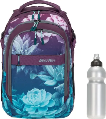 Produktbild von Schulrucksack Mädchen Bestway Evolution Packer Rucksack Schultasche Schulmappe Brustgurt Polsterrücken Laptopfach Farbverlauf 40177-5821 Dark Flower Lila + Bagboom Trinkflasche