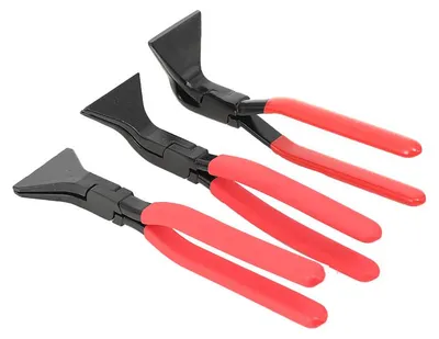 Imagen del producto de Juego de pinzas para doblar metal: pinza recta de 28 cm, pinza con ángulo de 45° de 28 cm, pinza con ángulo de 90° de 26 cm, anchura de las mordazas de 5,5 cm, apertura máxima de 6 cm