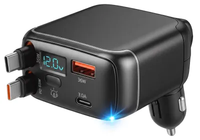 Einklebare Autolader 4 in 1, 65W PD + QC, USB-C & USB-A, Schwarz