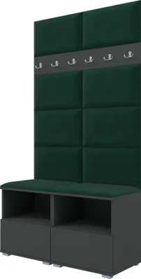 Productafbeelding van Garderobeset Nela III, beklede garderobe met twee schoenenkasten, gangmeubels, wandpanelen en kledinghangers (kleur: grafiet + Trinity 28 (flessengroen))