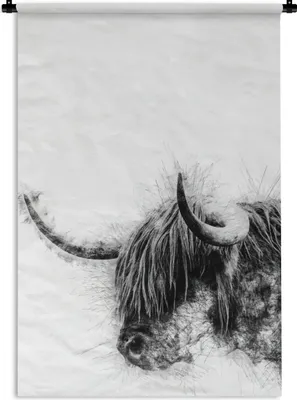 Produktbild von MuchoWow® Wandteppich Wandbehang Schottischer Highlander - Schwarz - Weiß - Abstrakt 90x135 cm Tapisserie Dekoration Wandtuch - Baumwolle - Wandskulptur